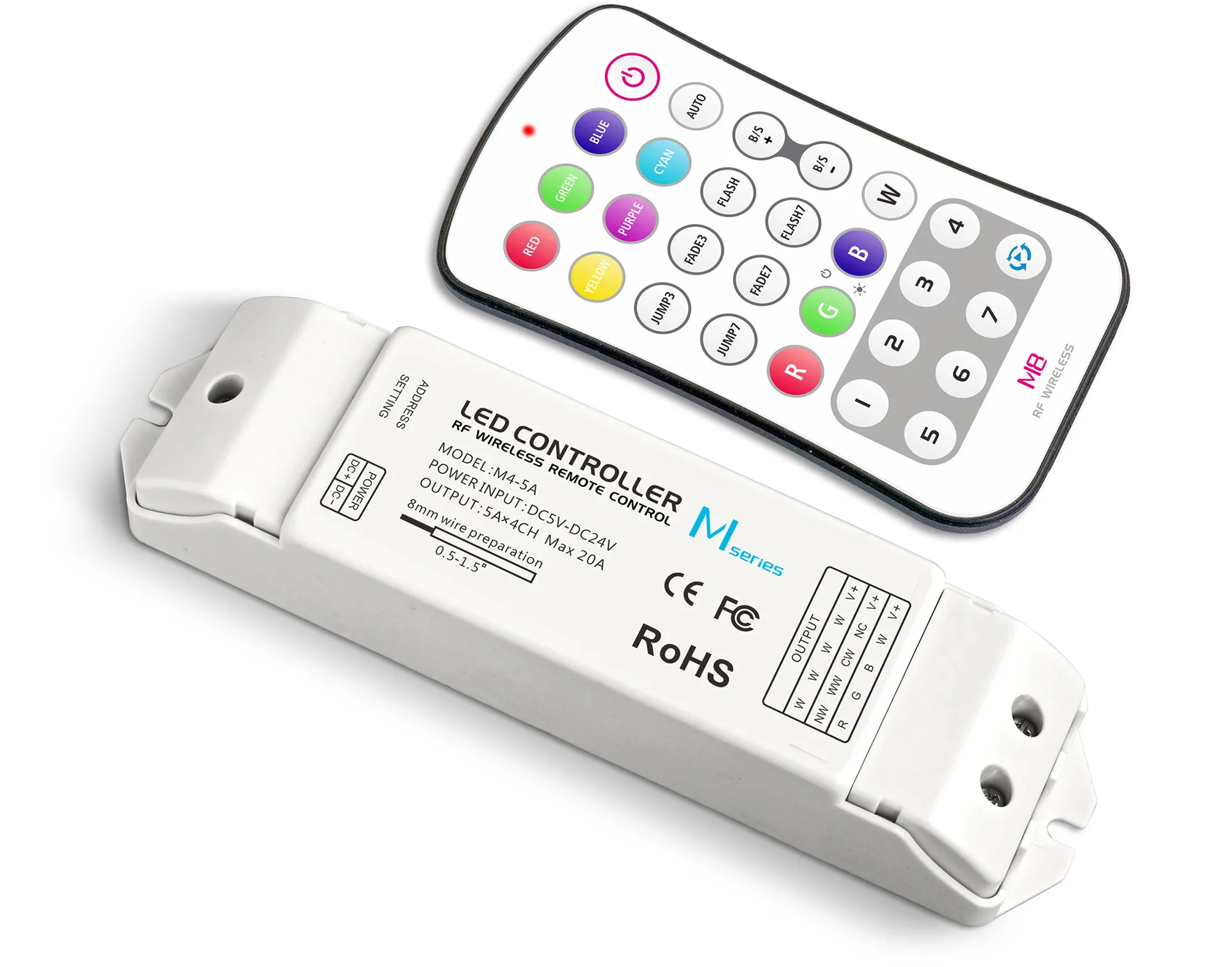 M8+M4-5A  RF Remote Control With Receiver CV RGBW Controller, 100/240W/480W , 5-24V input, 5Ax4CH (20A) ,40m remote range.